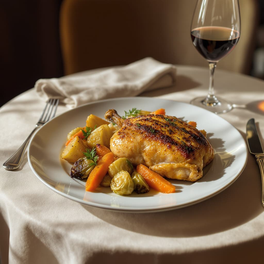 A single-portion roast chicken dinner with vegetables and roast potatoes
