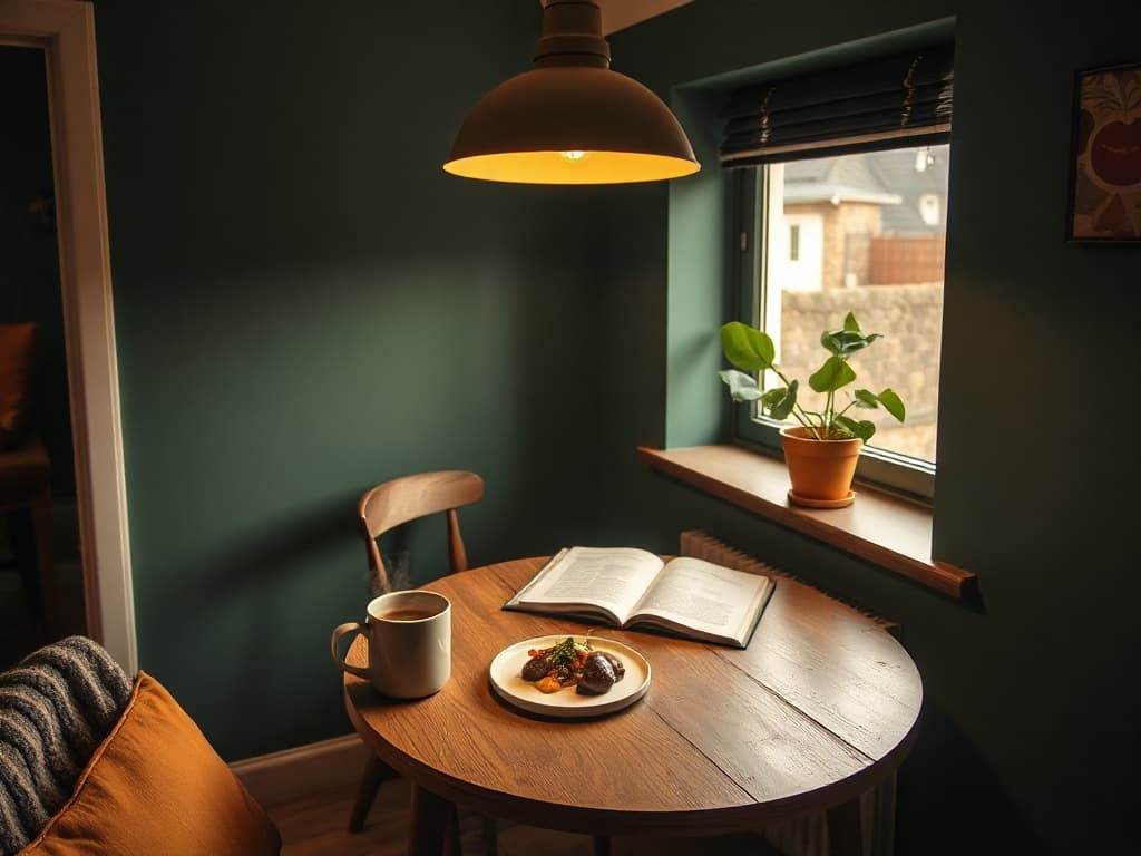 A cozy one-person kitchen with a single plate set at a small table